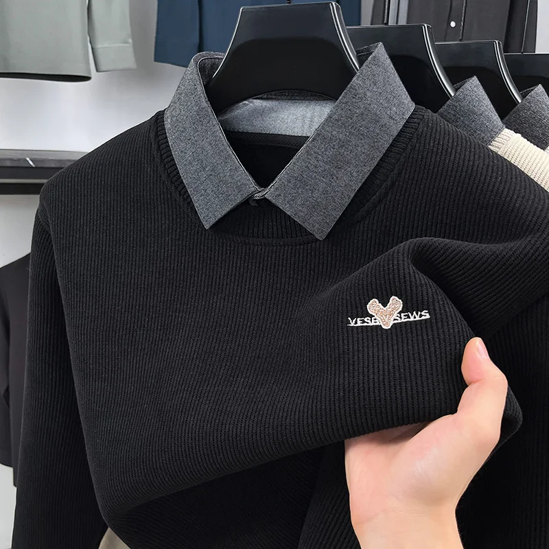 

Men's Autumn High Quality Long Sleeves False Two-Piece Sweater Fleece-Lined Thicken Embroidery Pullover Leisure Business Tops