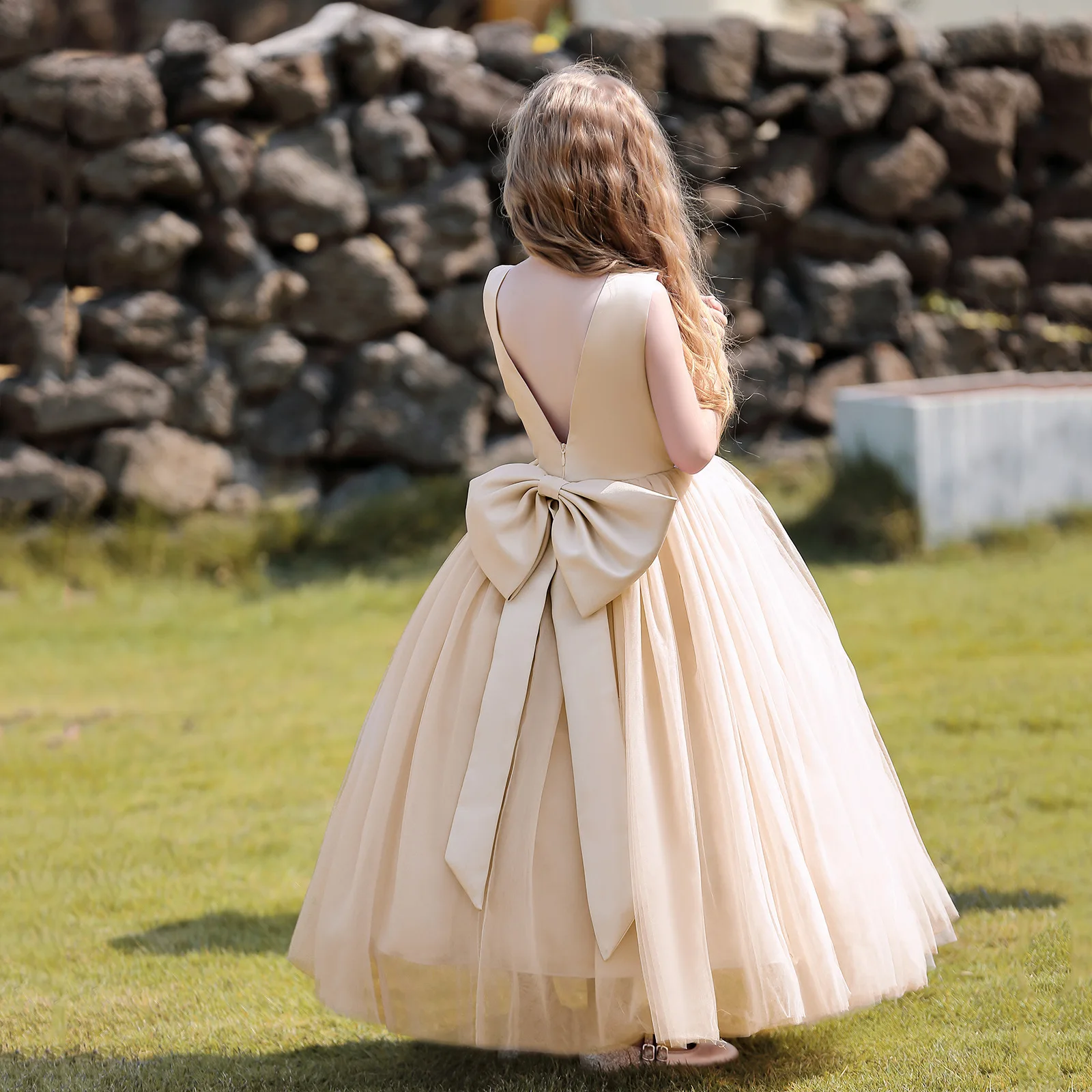 Vestido de tul con espalda descubierta para niña, vestido de fiesta de cumpleaños, vestido de noche, vestido de baile de princesa, cuentas de boda, flor Rosa melocotón, nuevo