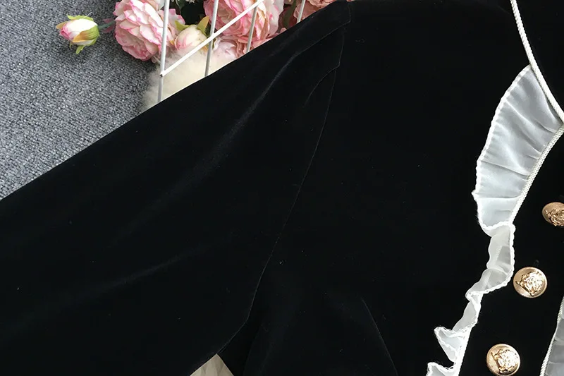 Autumn Winter White Ruffles Neck Black Long Sleeve Short Velvet Dress For Women Golden Button Prom Evening Party Vestidos