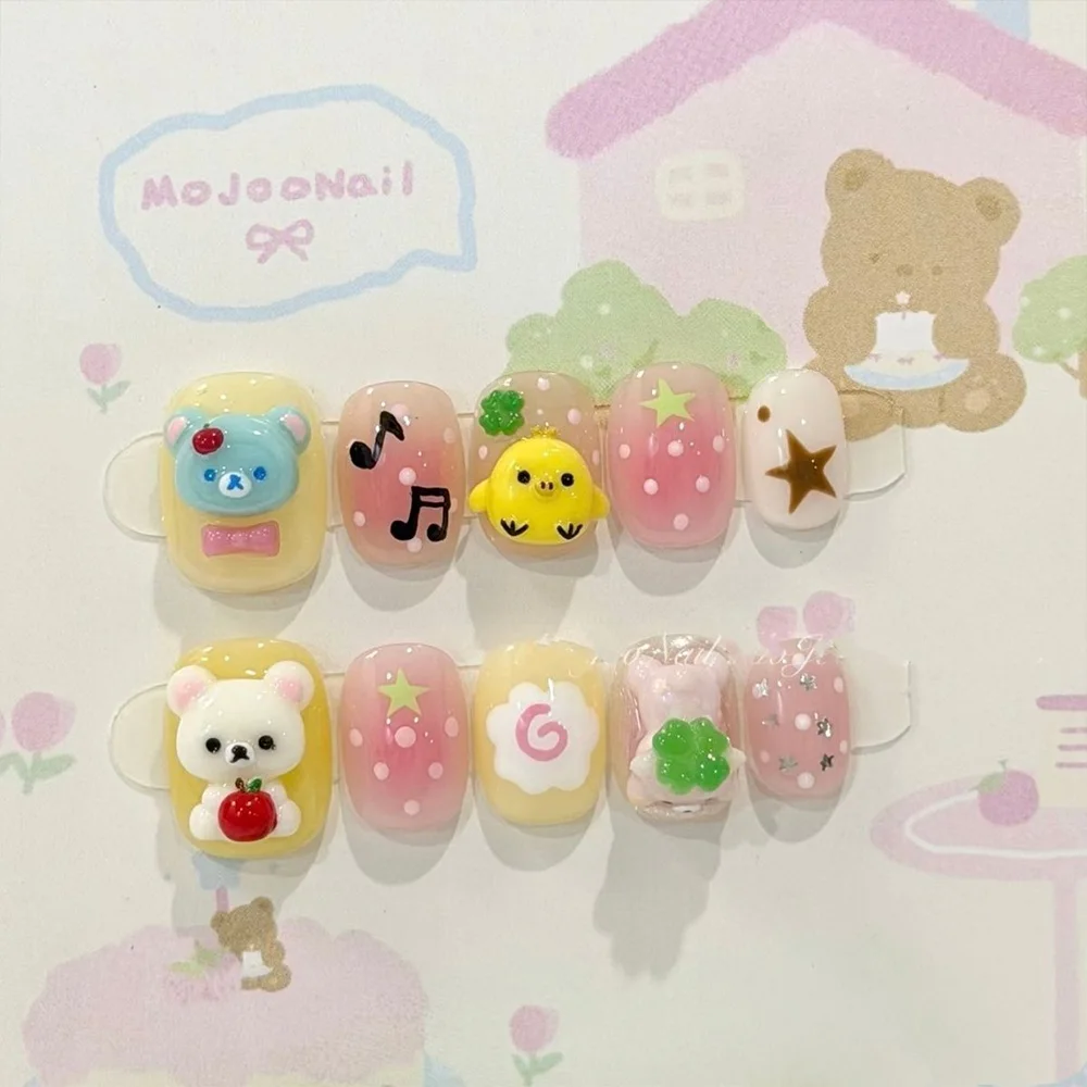 Niedliche Retro Japanische Rilakkuma Rosa Kaninchen Mandel Künstliche Nägel 3D Schleife Stern Katzenpfote Erdbeere Aufklebenägel Handaccessoires – Detail 24