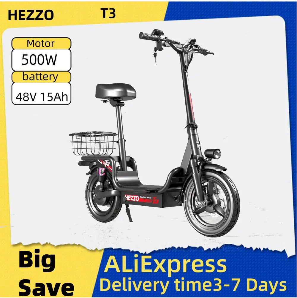 

HEZZO T3 Adult Electric Scooter with Seat 500W Motor 48V15AH Folding Escooter 14 Inch Tire City Highway E-scooter