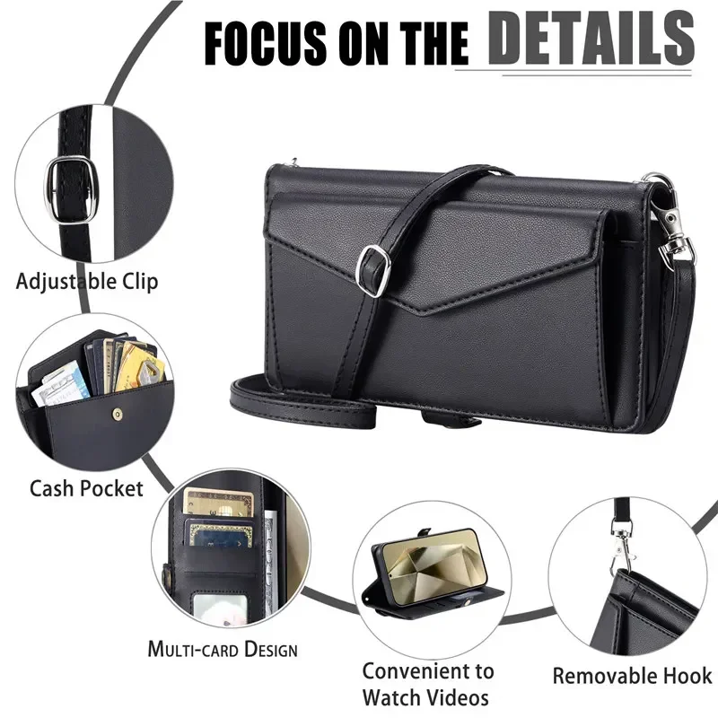 Flip Leather Phone Case for Samsung Galaxy S24 Ultra S23 FE S22 S21 S20 S10 Plus Note 20 10 9 8 Long Lanyard Wallet Card Cover