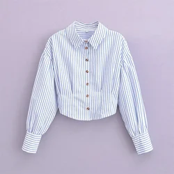 2024ZAR * Spring/Summer New Women's Fashion Casual Loose Long sleeved Polo Collar Versatile Striped Short Shirt