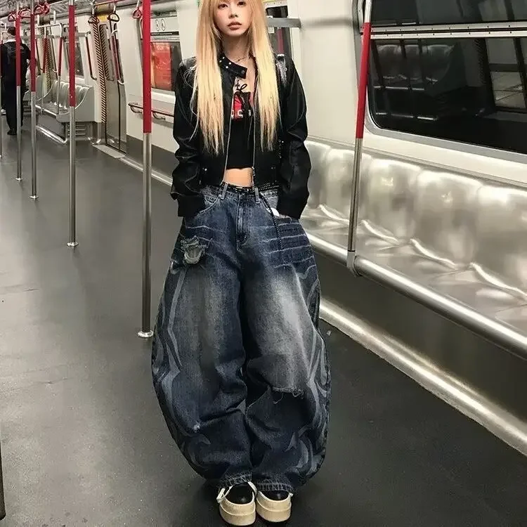 Women Jeans Baggy Wide Fit Boyfriend Denim Pants Grunge Punk Ripped Y2K Japanese Harajuku 2000s American Retro Design 2
