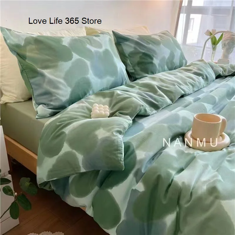 

Green Hearts Love Skin Friendly Bedding Set Soft Linen Cartoon Duvet Cover Double King Size Sheet 3/4pcs For Home For Children