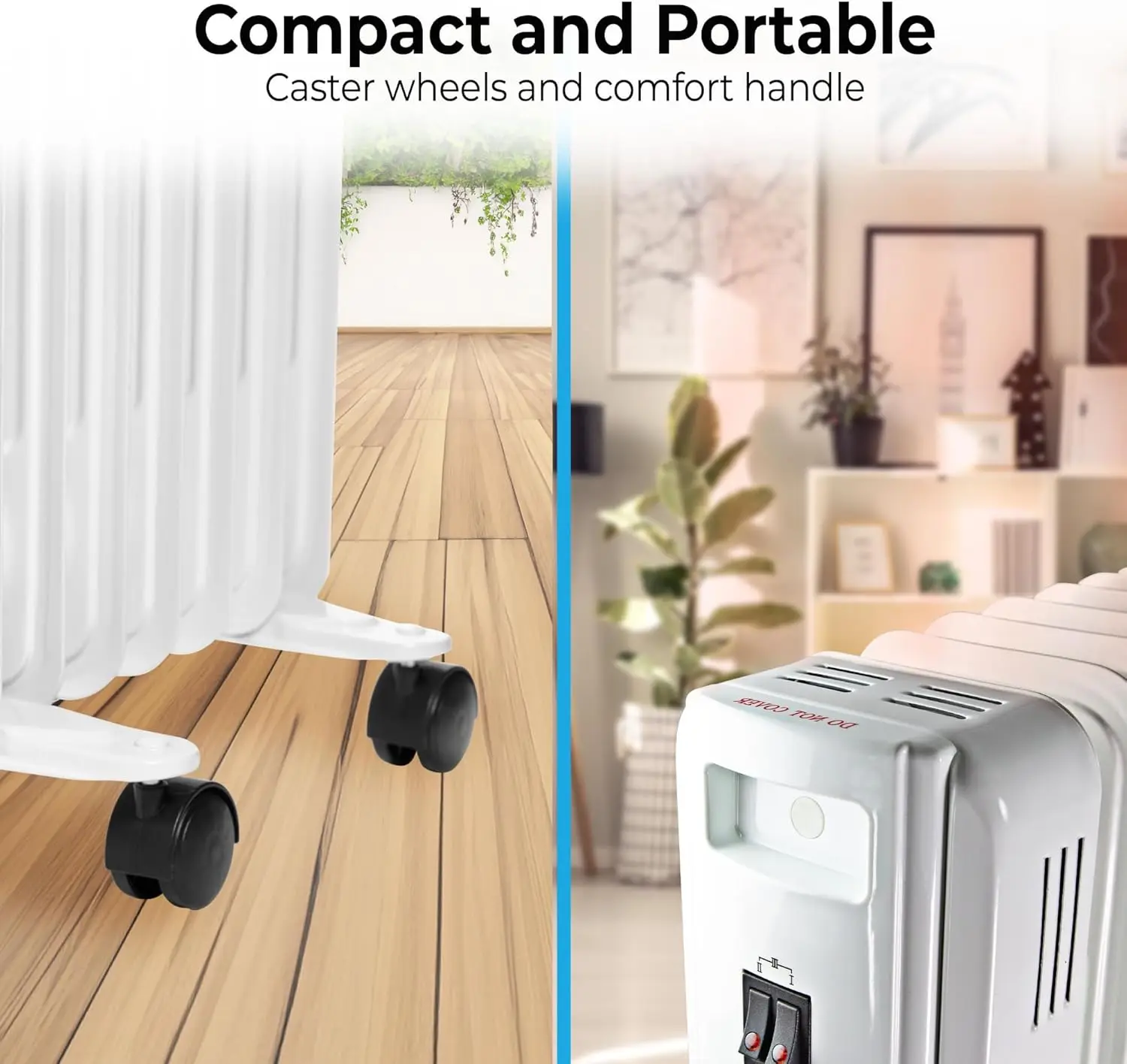 Electric Oil-Filled Radiant Radiator Space Heater, Never Refill, Adjustable Thermostat, Tip-Over Switch & Overheat