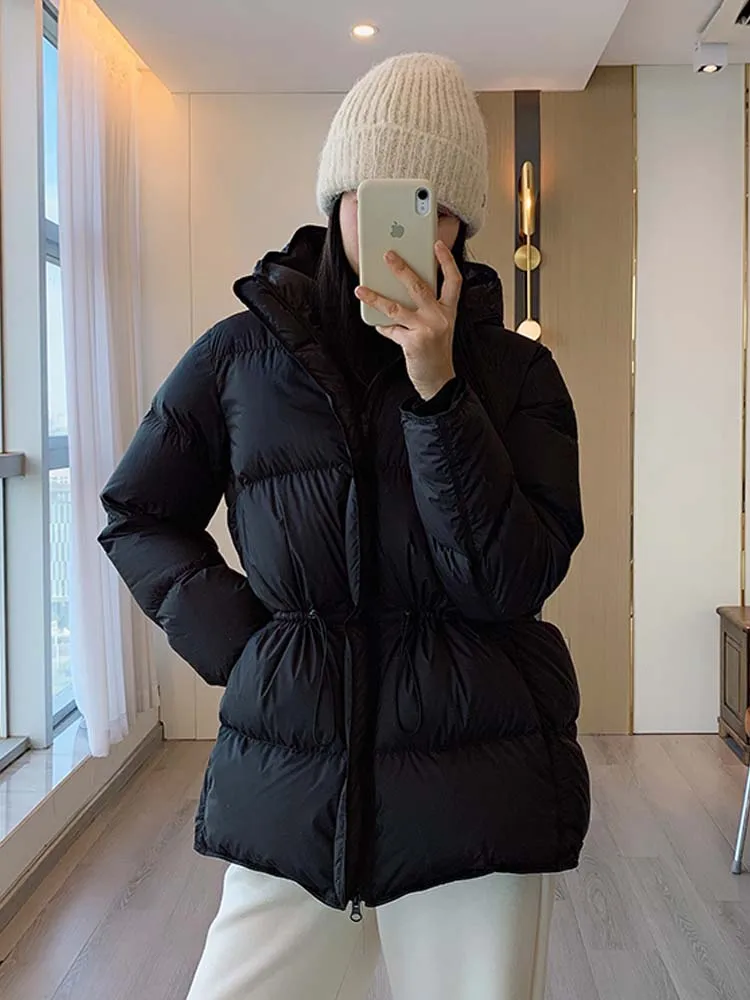 Luxury Women\'s adjustable waist down jacket 2024 Winter Fashion Hooded puffer coat warm Fluffy 95% white duck down INKEO DJ011