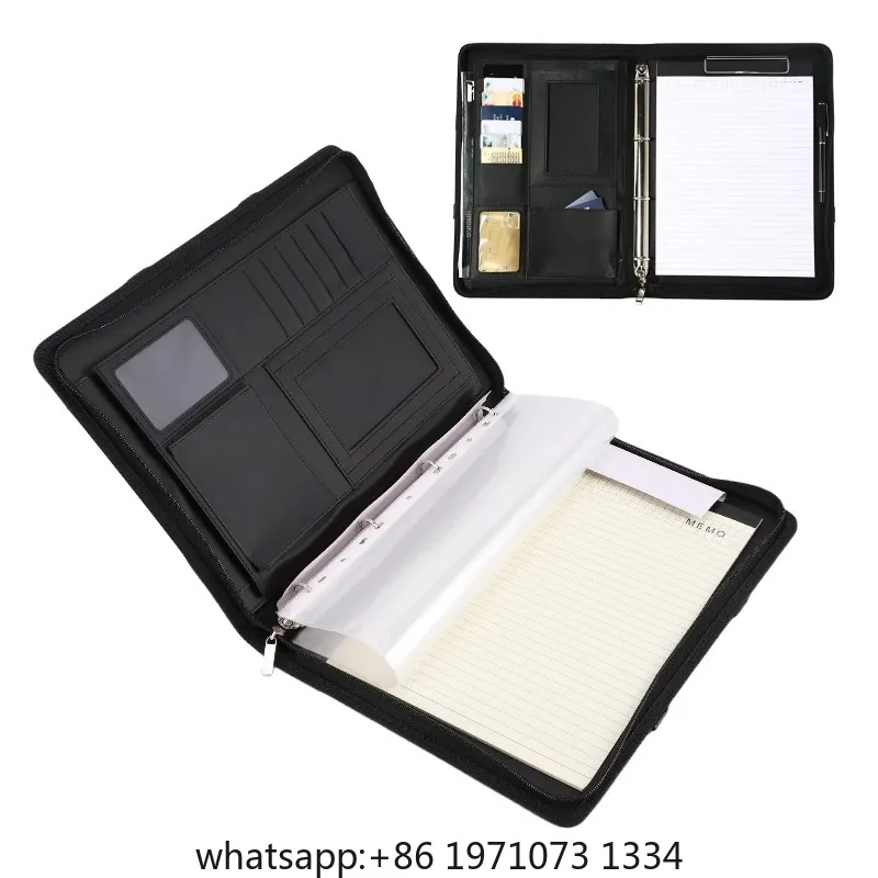 PU Leather Portfolio with Zipper 10 File Pockets 30 Sheets Notebook 4 Rings Binder A4 Document Organizer 10.1 Inch Tablet Cover