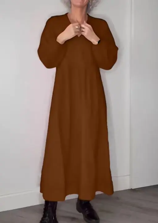 Robe Maxi en Coton et Lin pour Femme, Élégante, Décontractée, à Manches sulf, Col Ras du Cou, Tunique d'Été