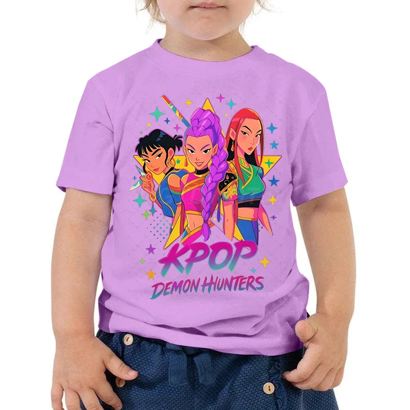 

Милая футболка Kpop Demon Hunters Huntrix для детей, летние хлопковые топы с короткими рукавами для мальчиков и девочек, футболка Kpop Demon Hunters, подарок для фанатов