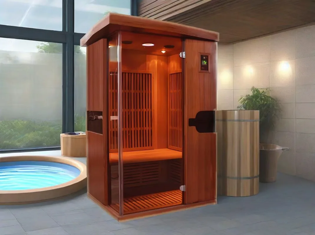 Modern design infrared sauna hemlock wood low electromotive force ice bath with carbon fiber heater, cooler, and filter.
