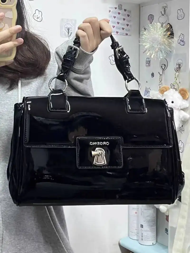 Bloom Vintage Black Handle Messenger Women High Street Pu Leather Y2k Hand Bag Female Retro Large Capacity Handbag Purse