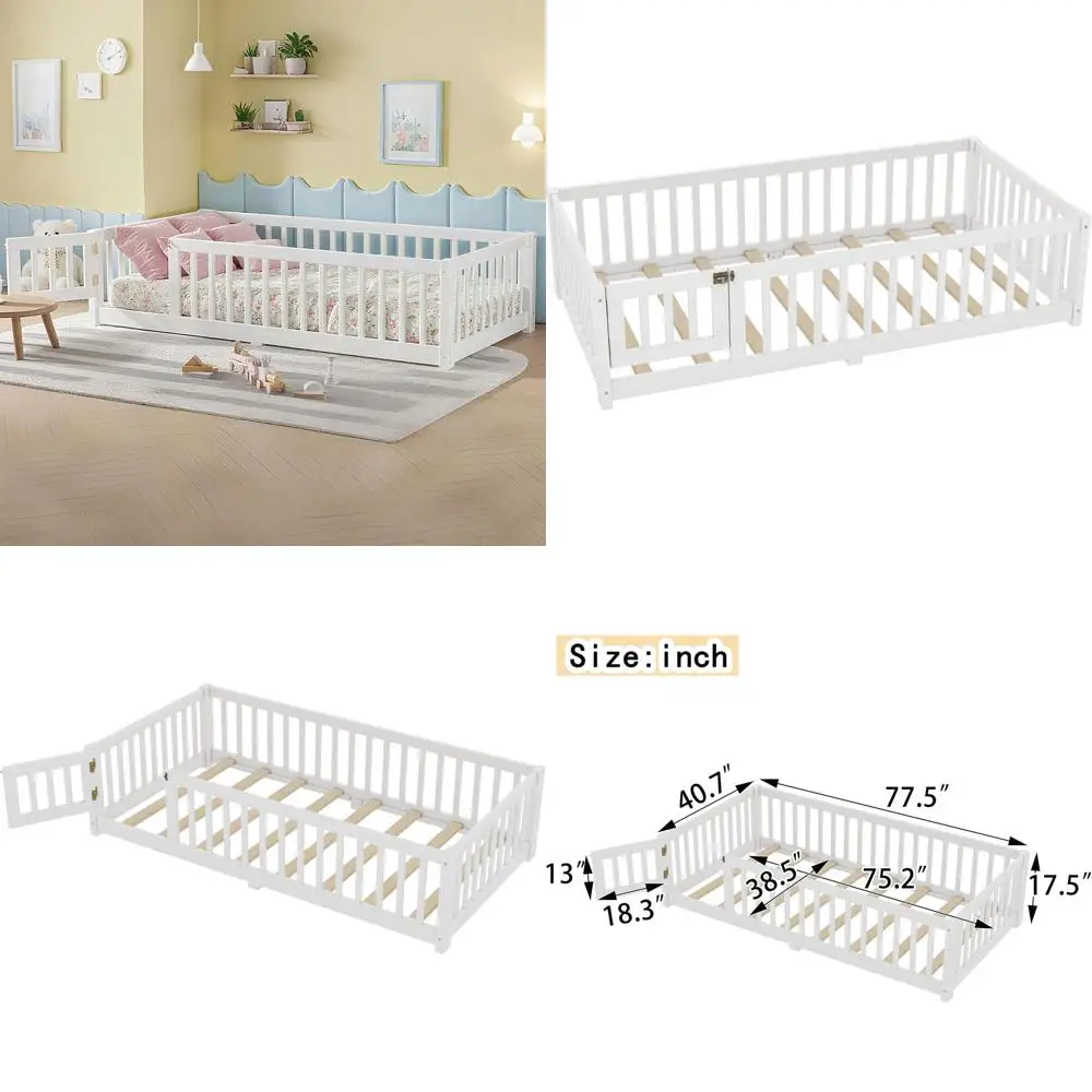 

Низкая односпальная деревянная кровать с ограждением и съемной дверцей для детской комнаты и яслей, белая