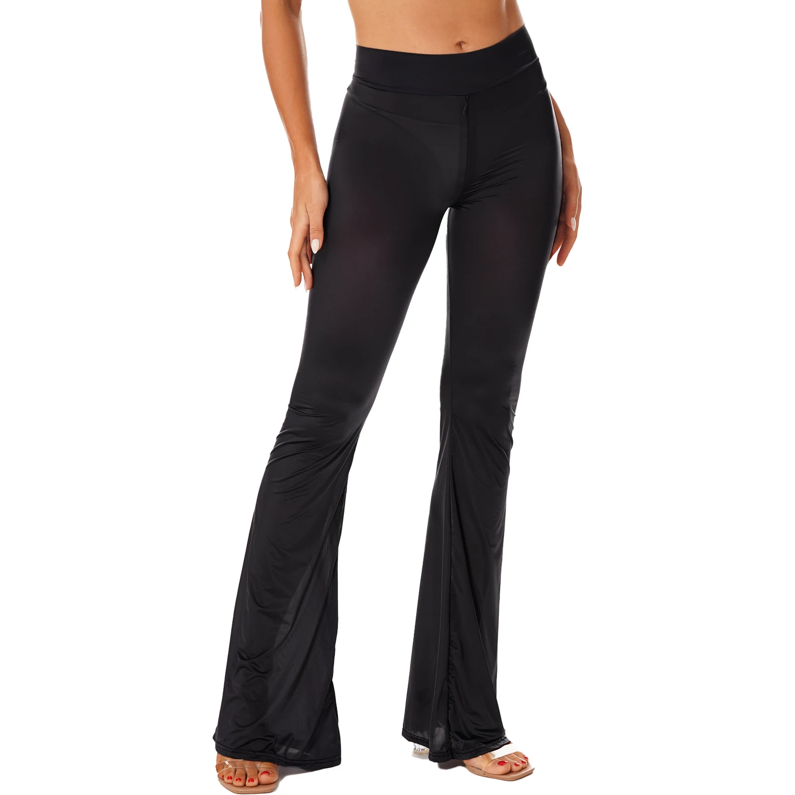 Women Skinny Yoga Workout Flared Pants See-Through Sexy Exotic Pants Zipper Crotch Bell-Bottomed Trousers Club Pole Dancing Wear