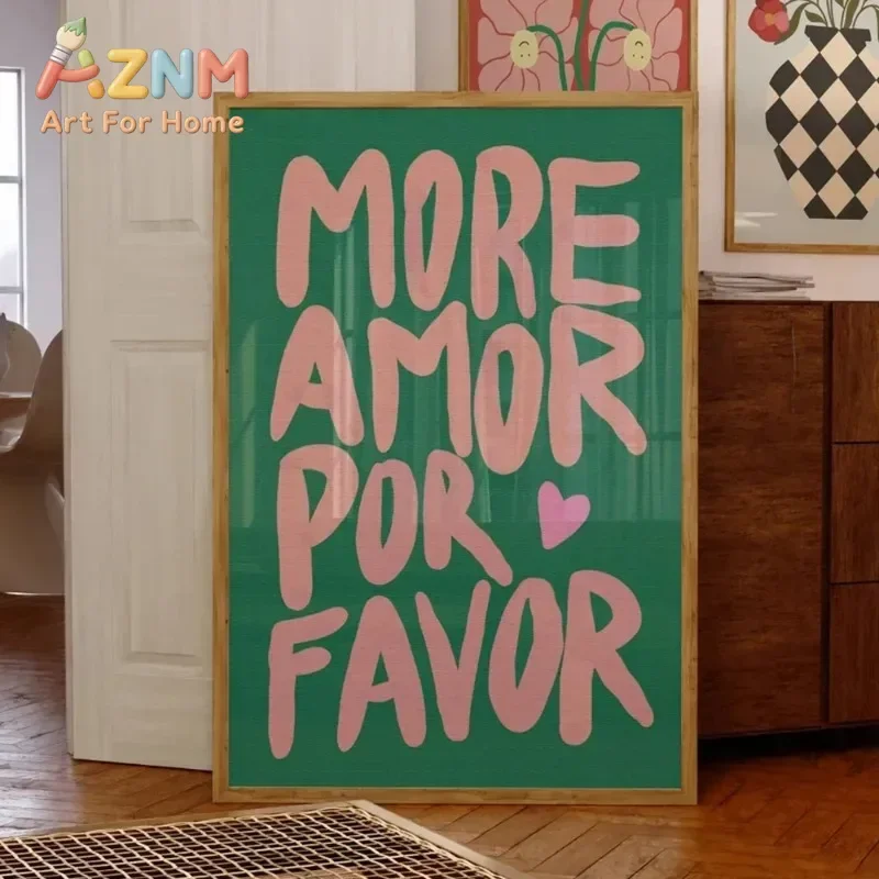 AZNM More Amor Por Favor Quote Canvas Wall Art, Colorful Bold Handwritten Text Print, Boho Fun Spanish Love Poster, Unframed Can