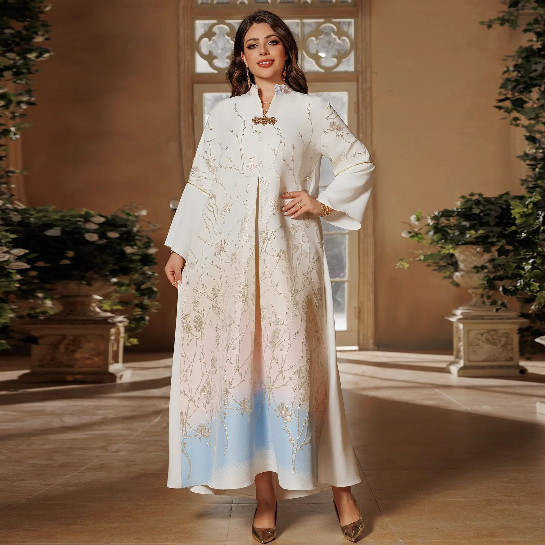 AB377 Arab Dubai Muslim Dress Fashion High end Jacquard Fabric Embroidered Gradient Robe