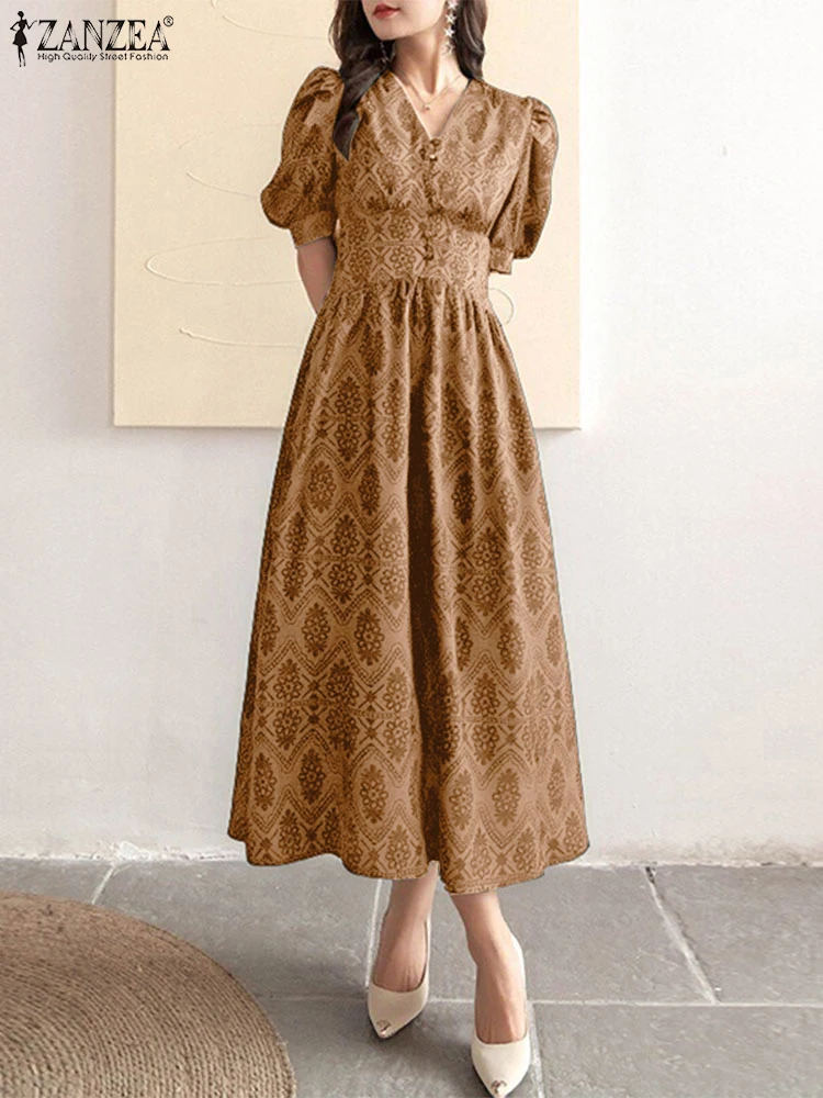 

ZANZEA Women Elegant Dress Office Work High Waist Midi Sundress 2025 V Neck Summer Party Vestidos A-Line Casual Solid Color Robe