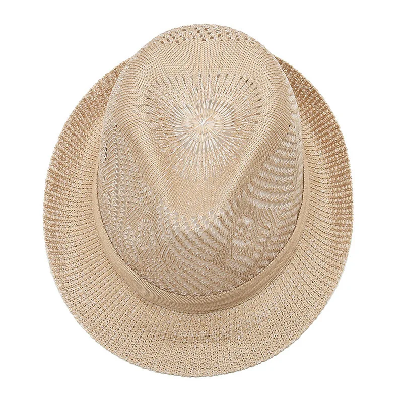 Men\'s Simple Linen Hollow Breathable Refreshing Sun Hat Men Summer Travel Farming Sunscreen Sun Ribbon Straw Jazz Topper Hat W97