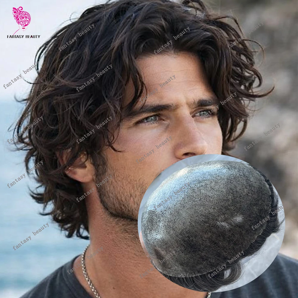 30mm Wavy Natural Black Human Hair Toupee for Hairloss #1B 1B65 Asia Africa Man Durable Strong Skin Base Scallope Front Male Wig