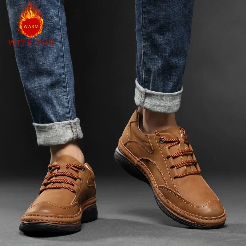 

Genuine leather men's shoes Vintage Business Brown Style Formal Party Daily office Outdoor warm autumn and winter shoes Hot