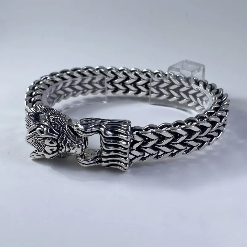 

S925 silver overbearing men's faucet bracelet trend personality retro rugged double row keel chain send boyfriend gift