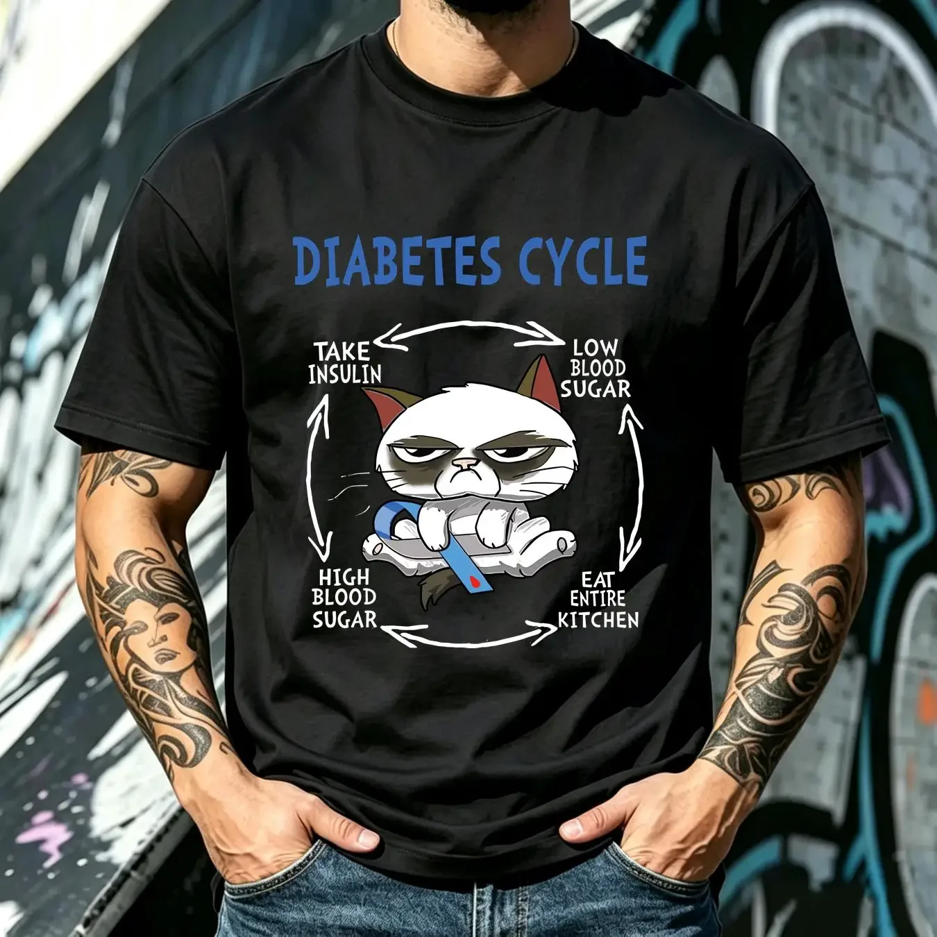 washed T Shirt Diabetes Cycle Awareness Funny Cat Lover SweaT long or short sleeves vintage Washed Stylish Versatile streetwear