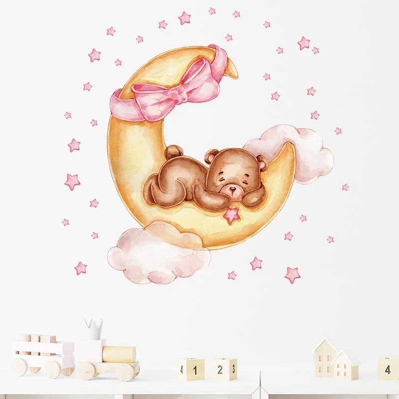 Wall Decals for Baby Girls Room Teddy Bear Sleeping on Gold Moon Wall Decor Stickers Bedroom Living Room Interior Wallpaper