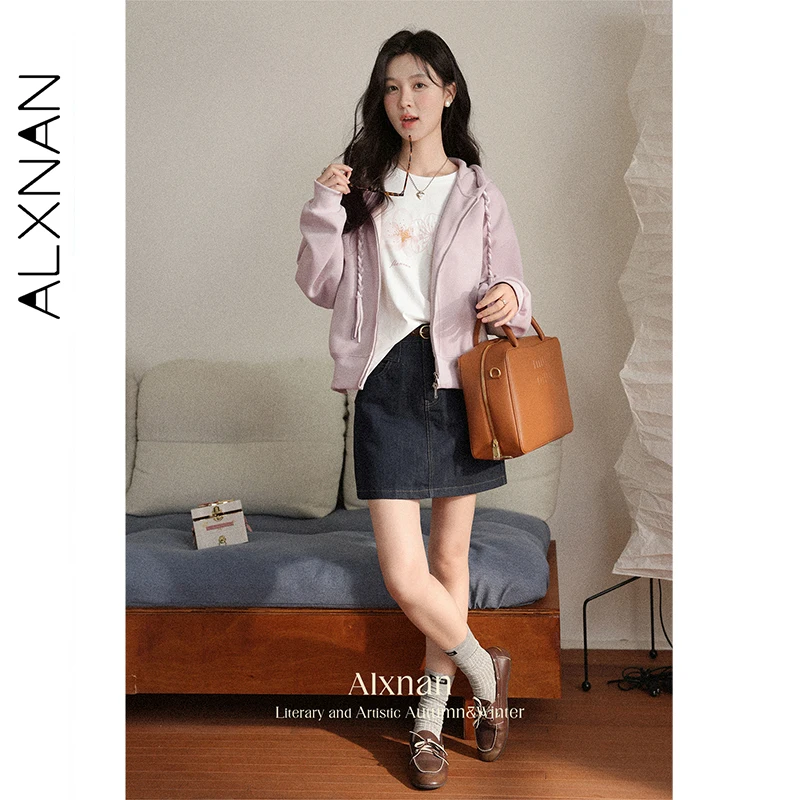 ALXNAN Women's Hoodies Pink Zipper Twisted Drawstring Loose-fit Sweatshirt 2025 Autumn Casual Long Sleeve Coats Female L56811