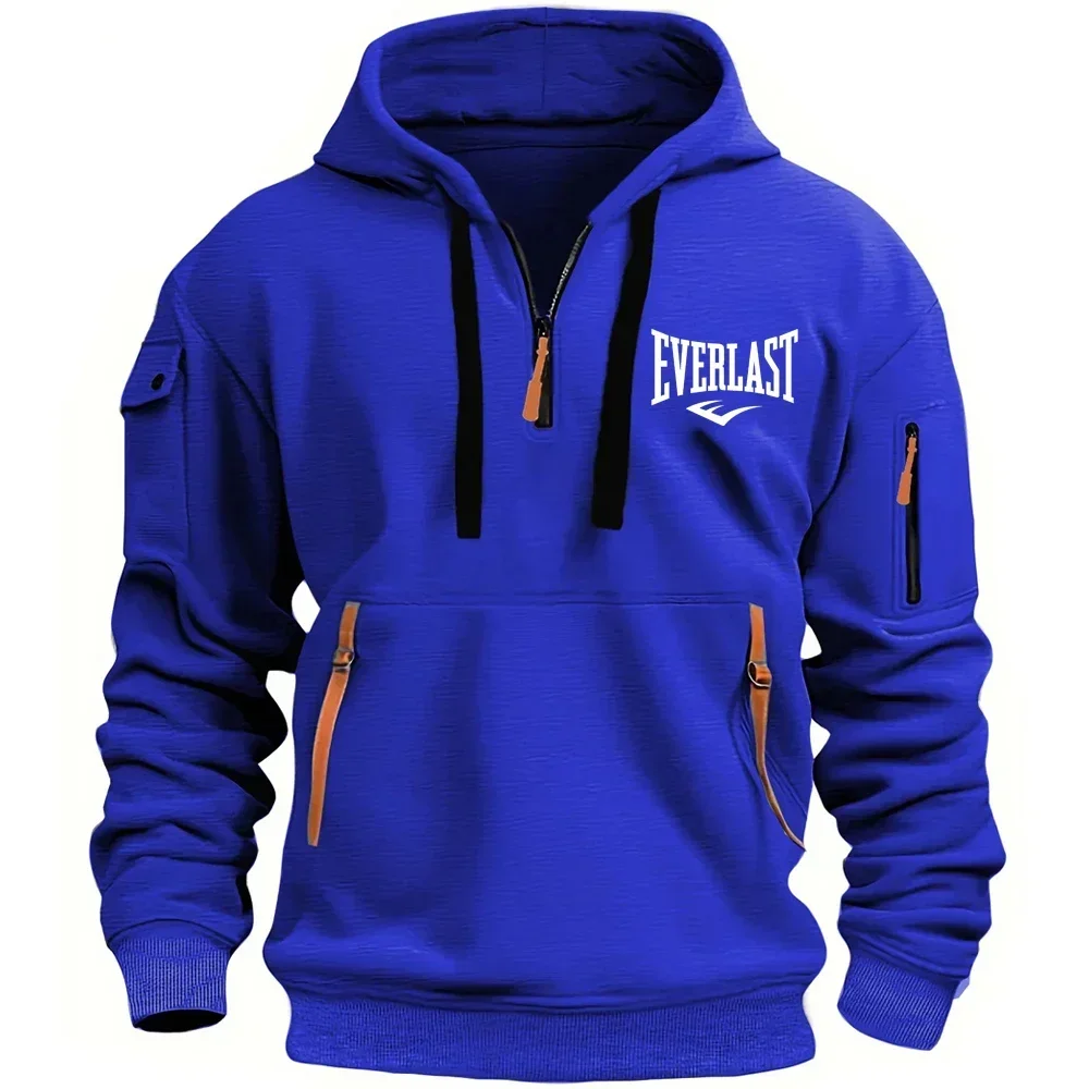Kapuzenpullover mit halbem Reißverschluss, mehreren Reißverschlüssen an den Ärmeln und einer aufgedruckten Schrift, Sweatshirt für Herbst/Winter, taktische Streetwear, Kapuzenoberteile, Freizeit- und Sportbekleidung. – Detail 8