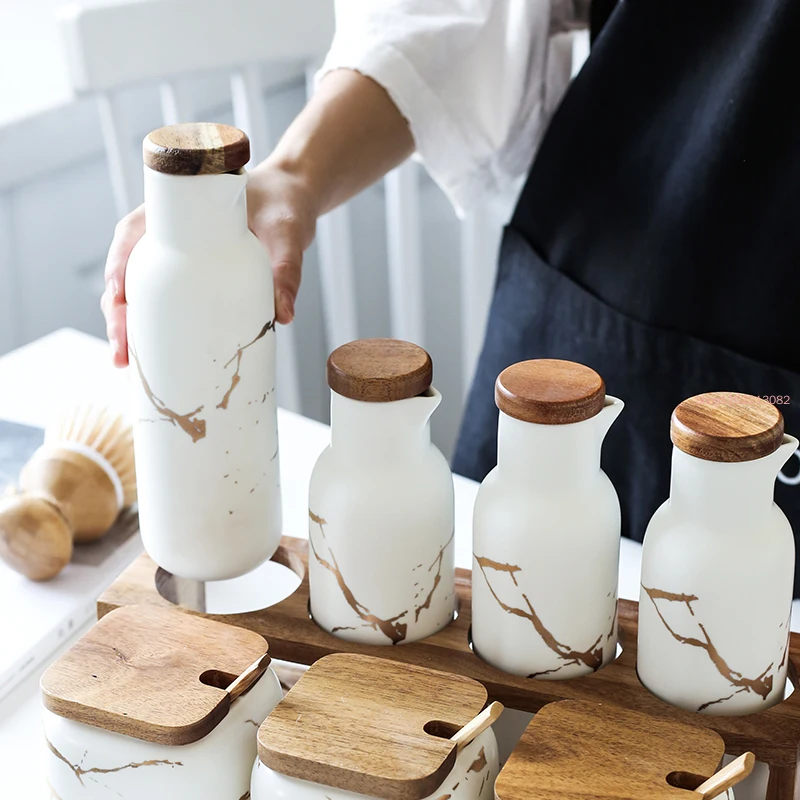 Ceramics Marble Pattern Oiler Soy Sauce Vinegar Bottle Restaurant Seasoning Pot Home Kitchen Tools Jar Set Combination