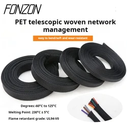 PET Elastic Woven Wire Mesh Black Encrypted Flame Retardant Woven Wire Mesh Nylon Computer Wire Mesh Tube Telescopic Sleeve 10m