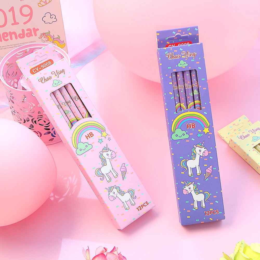 12Pcs/Set Cute Kawaii Cartoon Unicorn Pencil HB Sketch Items Drawing Stationery Student School Office Supplies for Kids Gift