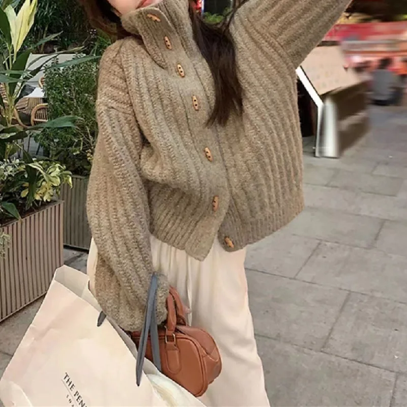 

Korean Style Horn Button Turtleneck Sweater Jacket Women'S New Korean Version 2024 Thick Stand Up Collar Top Loose Long Sleeve K