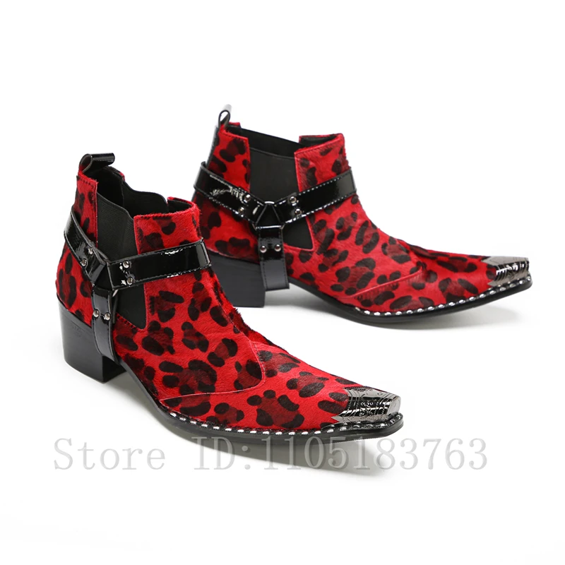 

Men's Leopard Print Suede Leather Western Ankle Boots Metal Pointed Toe Block Heel Chelsea Boots Male Party Business Dress Shoes
