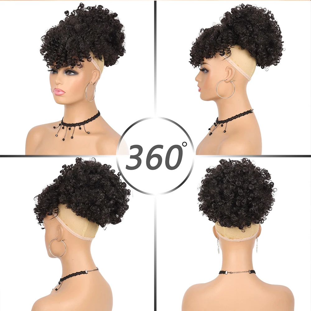 Coda di cavallo afro con coulisse e frangia Capelli updo ananas per donne nere, chignon sintetico corto riccio crespo con coda di cavallo