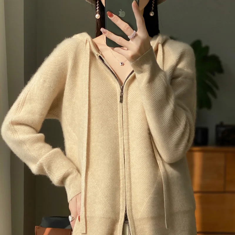 秋と冬のクラシック女性のニットウールパーカー長袖ジッパーセーター通気性ソフトルーズ高品質トップ