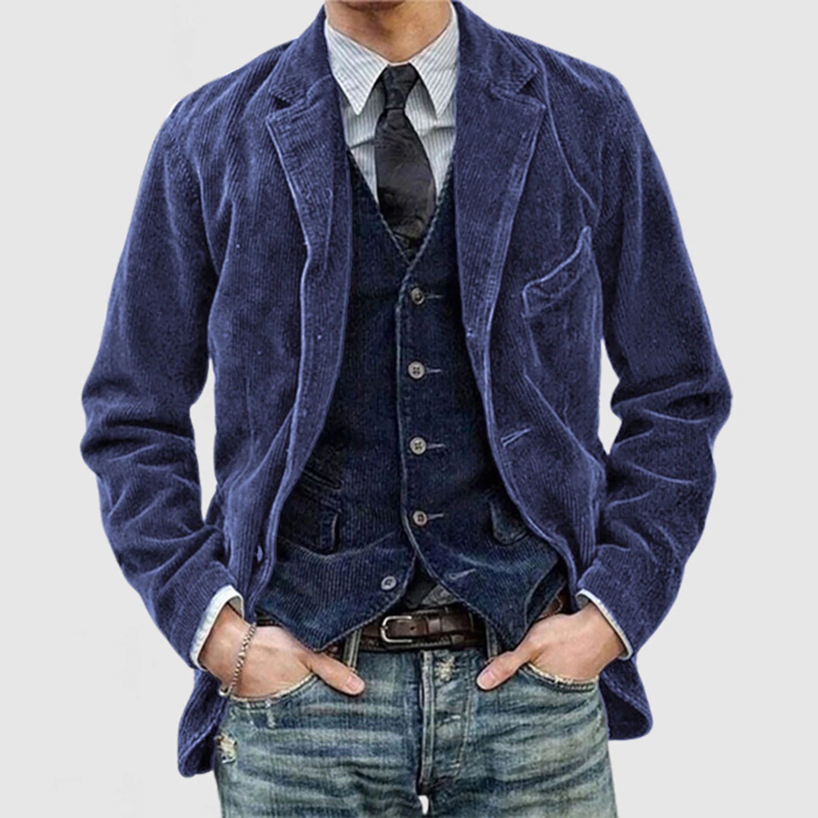Men Corduroy Blazer Vintage Casual Lapel V Neck Long Sleeve Button-up Jacket with Pockets for Winter Fall