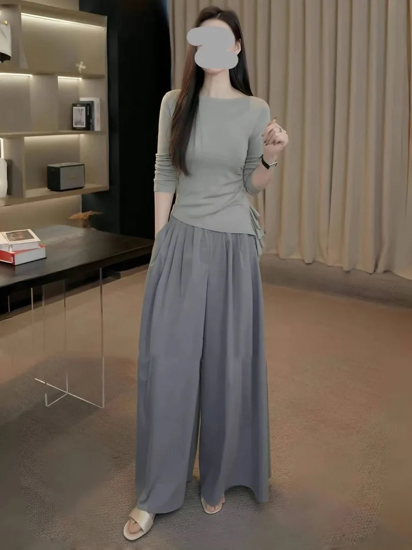 Top de punto rosa de manga larga con dobladillo lateral para mujer, top irregular plisado con abertura, estilo coreano, para ir al trabajo, ajuste ceñido, camiseta de moda.