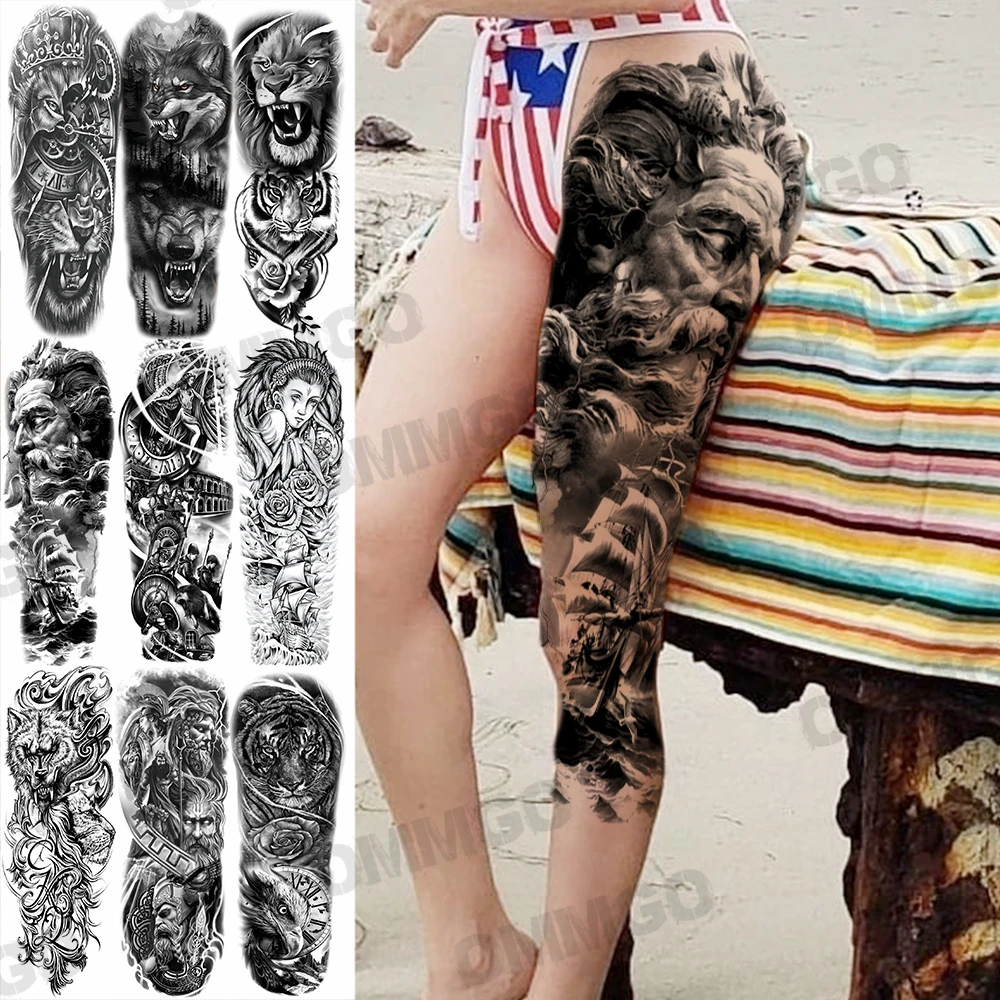 Único deus barco tatuagens temporárias para mulheres homens realista leão tigre lobo falso tatuagem adesivos sexy perna lavável tatoos grande