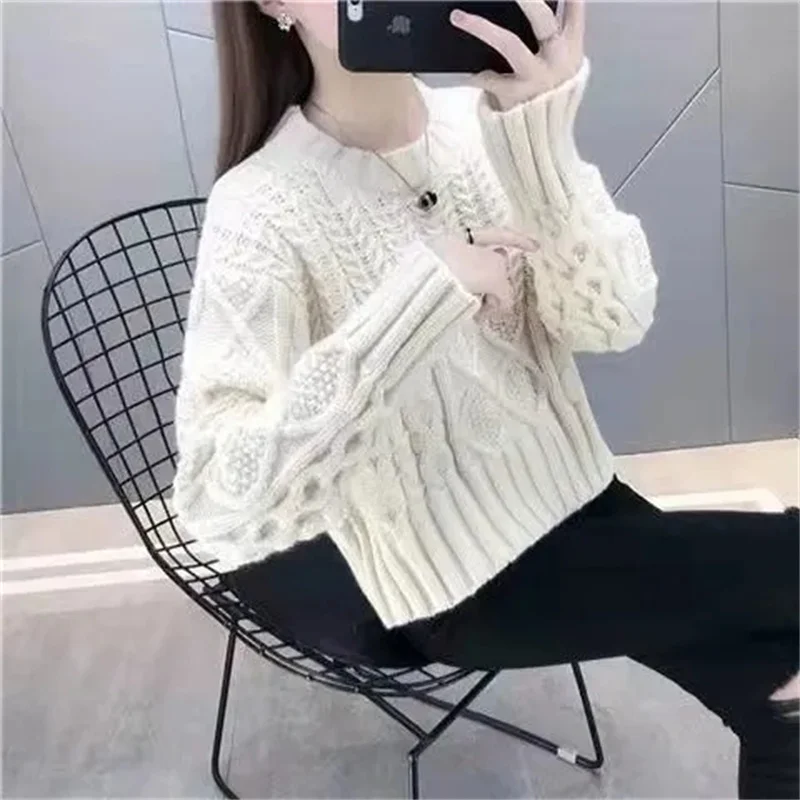 Herfst Winter Dames Effen Kleur Korte Trui Retro Stijl Vrouwen Pullover Breien Koreaanse Dame Ronde Hals Lange Mouwen Gebreide Kleding