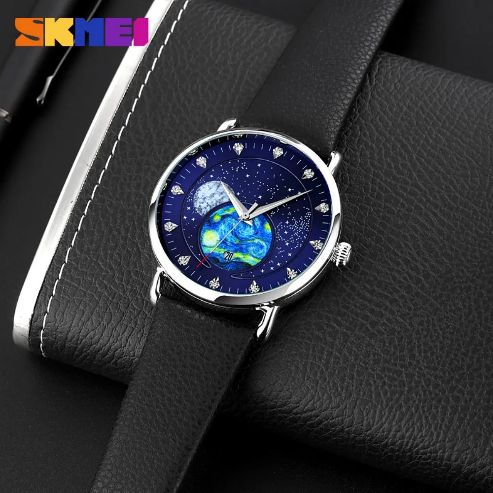 SKMEI Creative Starry Universe Dial Fashion Quartz Watch Mens Waterproof Date Wristwatches Clock Relogio Masculino 2 Style Strap