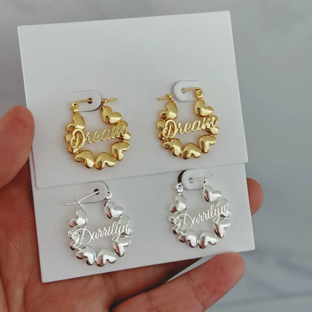 DUOYING-pendientes personalizados de acero inoxidable para niña, arete de aro con nombre de corazón, placa de identificación con letras, joyería dorada para regalo