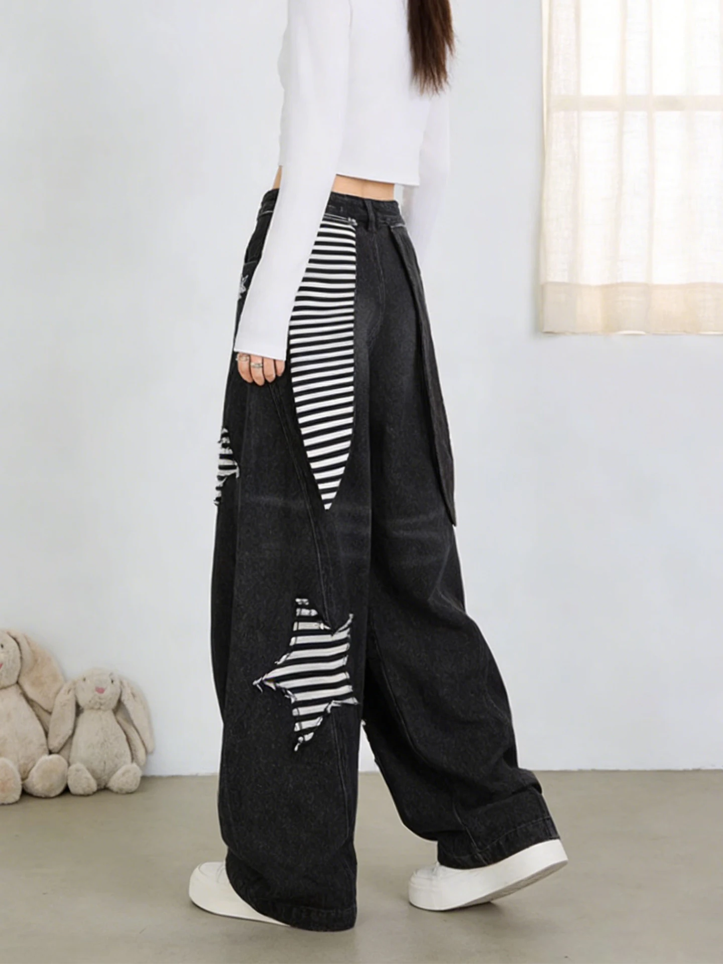 

Spring 2026 plus Size Women's Jeans High Waist Loose Fit Star Embroidery Rabbit Ear Wide Leg Bootcut Pants Casual Cotton Blend