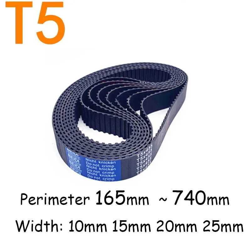 

T5 Timing Belt Rubber Closed Loop Length Perimeter 165 185 220 225 240 245 250 ~ 740mm Width 10mm 15mm 20mm 25mm Pitch 5mm