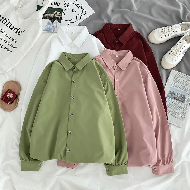 Casual Shirts Women Loose Solid Candy All-match Colors Single Breasted Tops Chic Long Sleeve Turn-down Collar Blouses Students