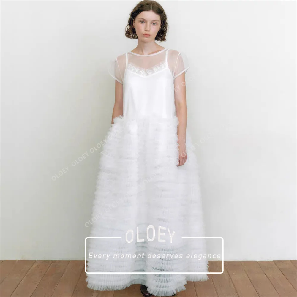 OLOEY Unique A-Line Wedding Dress Korea Photoshoot Floor Length Bridal Gown Customized Pleated Tulle Corset Back