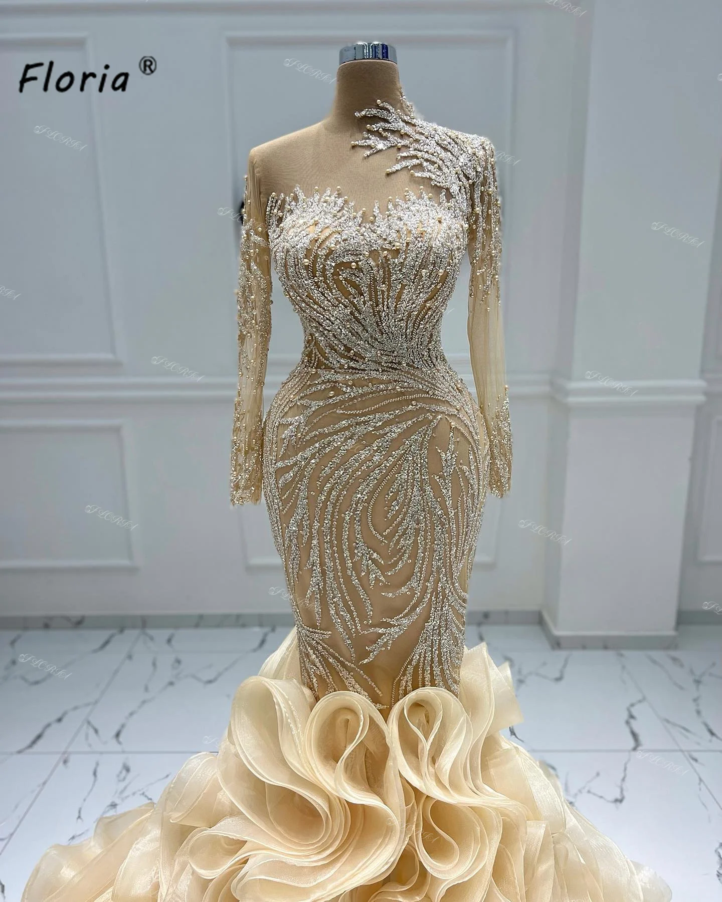 Luxury Layered Ruffle Sequin Wedding Dresses Mermaid Dubai Long Sleeve Pearl Champagne Woman Brides Gown vestidos de novias 2025