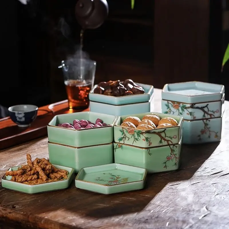 Caja de cerámica de estilo chino creativo y antiguo para frutos secos, bandeja para aperitivos y té, almacenamiento para uso doméstico, artículos de cocina, plato para postres.