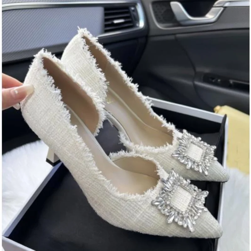 White Design Rhinestones Women Pumps Spring Fashion Pointed Toe Female Shallow High Heel Elegant Women\'s Work Dress Shoes