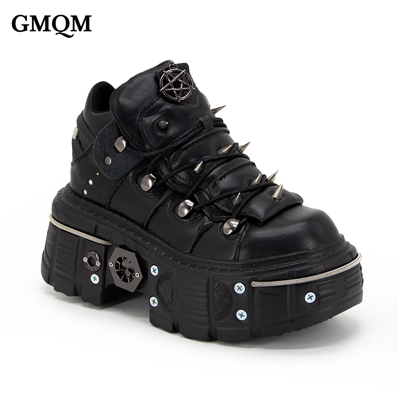 GMQM 2025 Women Flat Platform Ankle Boots Rock Punk Style Black High Heel Sneakers Round Toe Thick Sole Booties Metal Decor Y2k